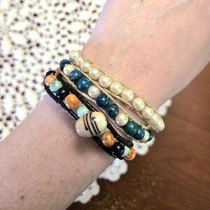 Multi-Strand Beaded Wrap Bracelet - Pearl, Teal, Orange